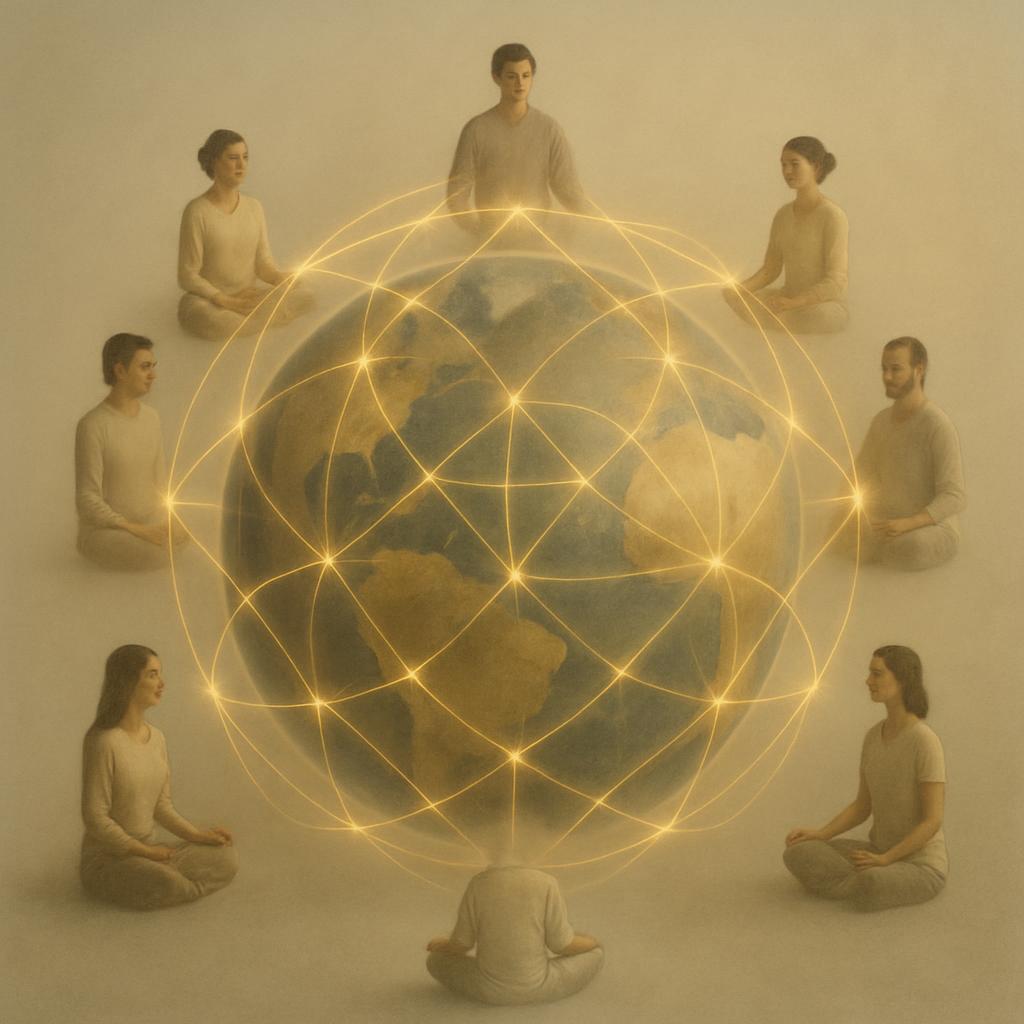 golden light forming a web covering the world, with meditators around the globe generating the luminous web